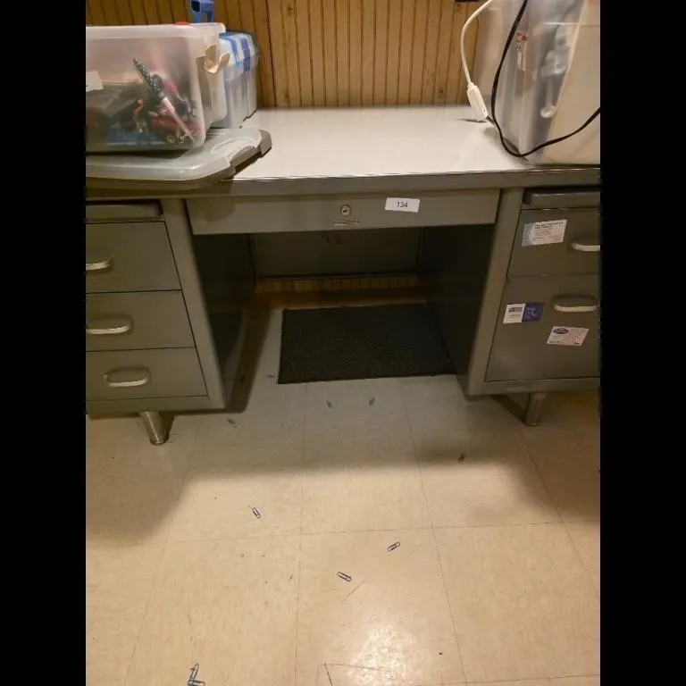 Vintage Gray Metal Desk 3-Drawer Office Furniture