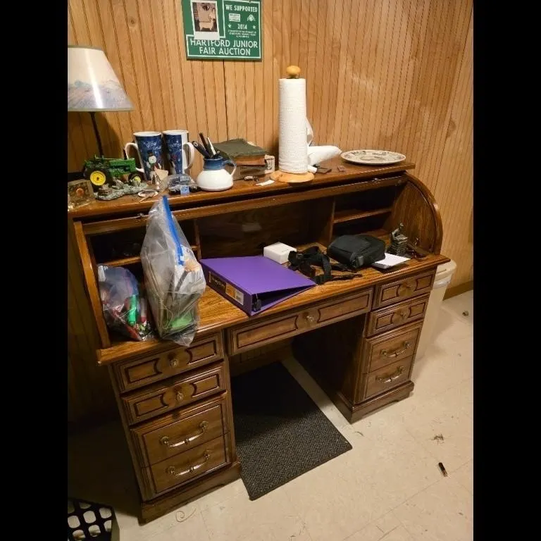 Vintage Brown Wooden Roll-Top Desk w Office Suppli
