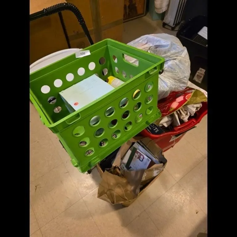 Green Crate Red Basket White Hamper w Rolling Cart