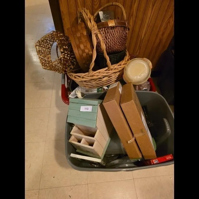 Lot 110 Household Items Baskets Gold Lantern Blue