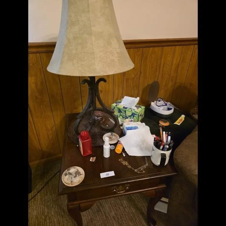 Vintage Wooden End Table with Metal Lamp