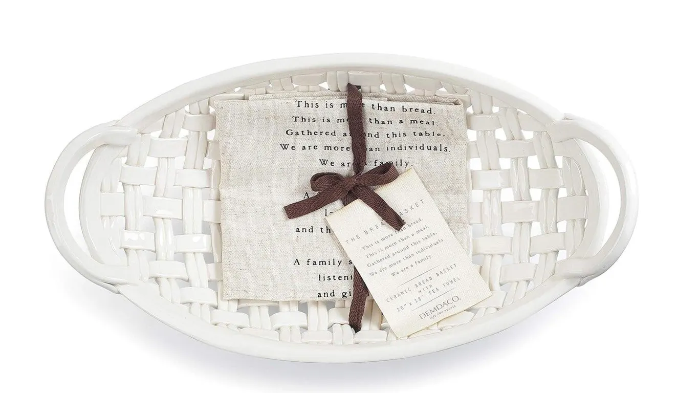 Demdaco Ceramic Bread Basket With Towel 15 x 8