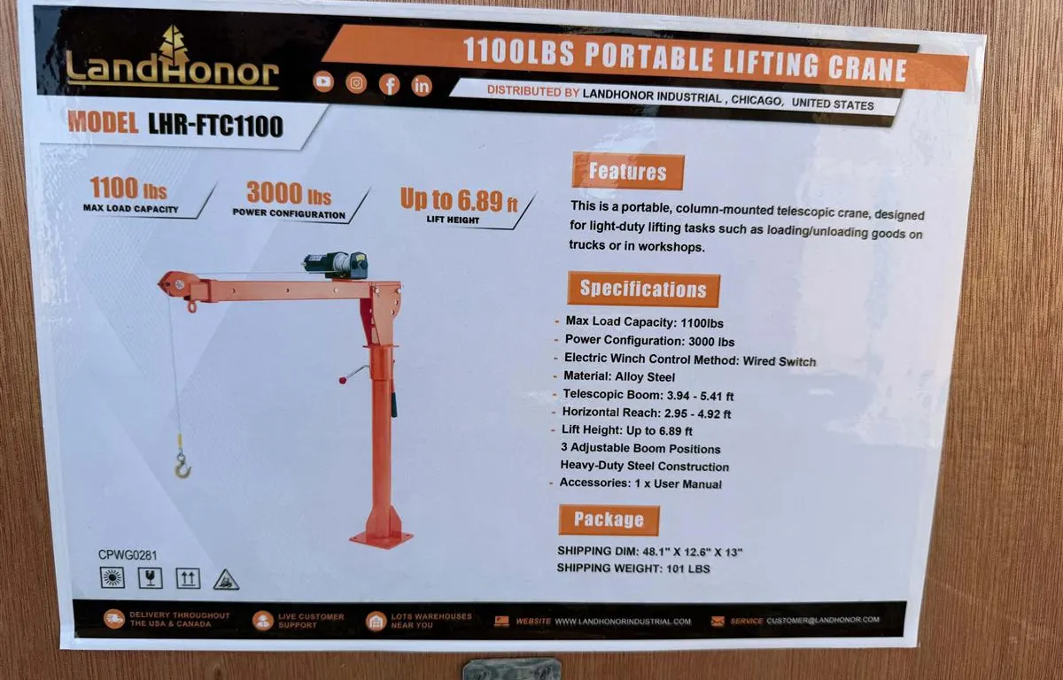 LandHonor LHR-FTC1100 Portable Lifting Crane
UNRESERVED