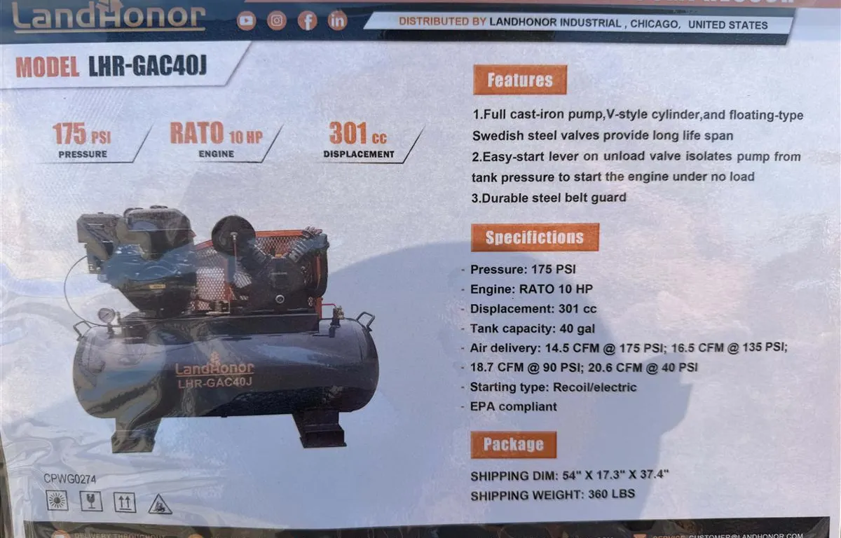 LandHonor LHR-GAC40J Gas Air Compressor
UNRESERVED