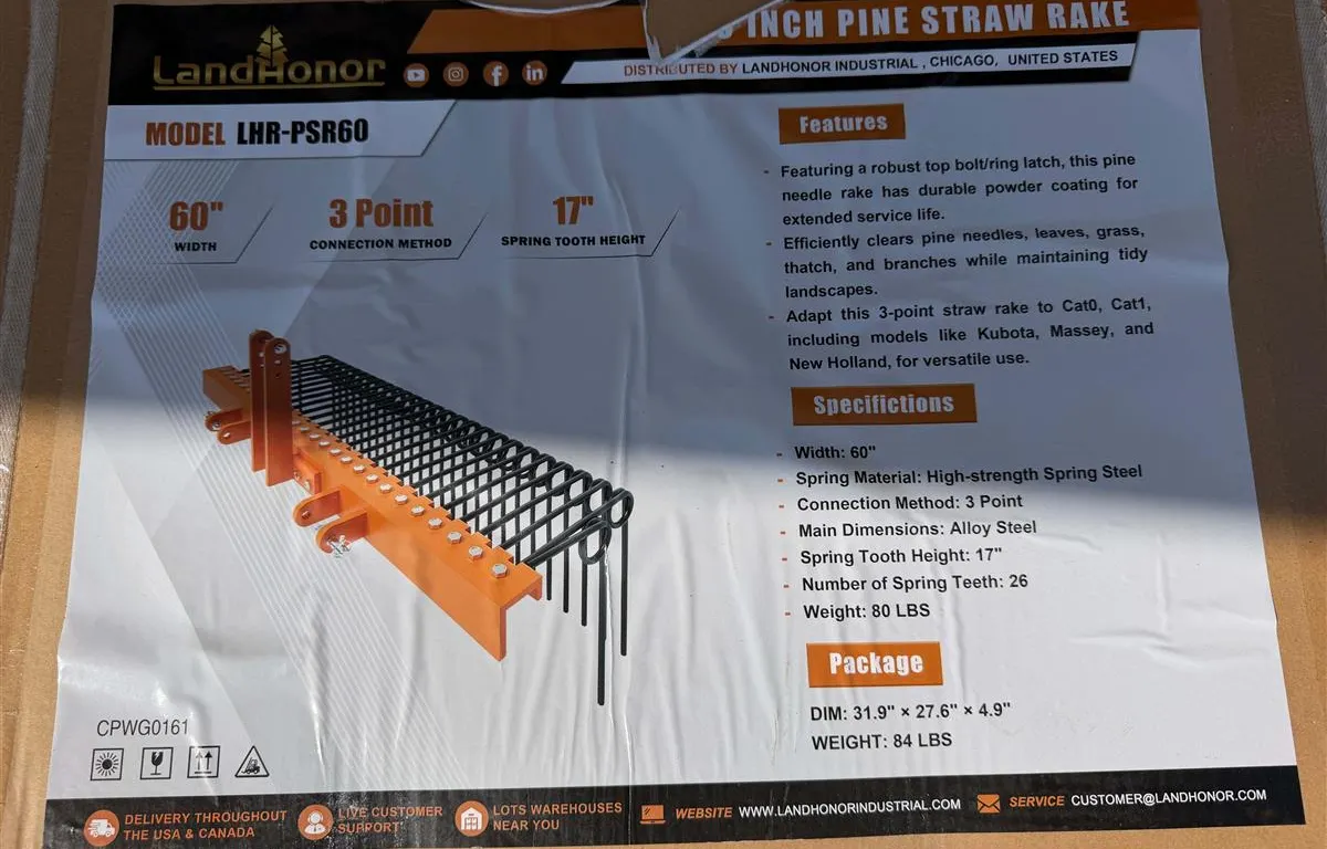 LandHonor LHR-PSR60 60" Pine Straw Rake
UNRESERVED