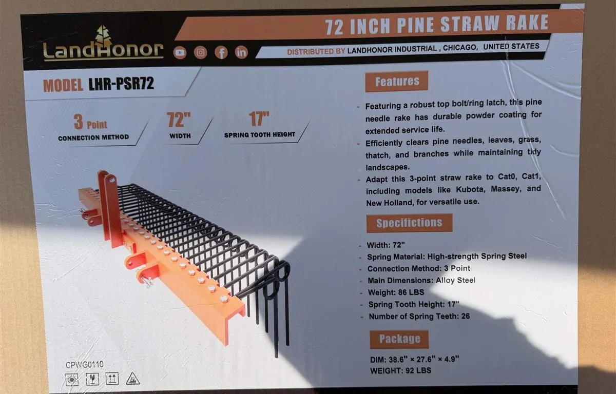 Landhonor LHR-PSR72 72" Pine Straw Rake
UNRESERVED