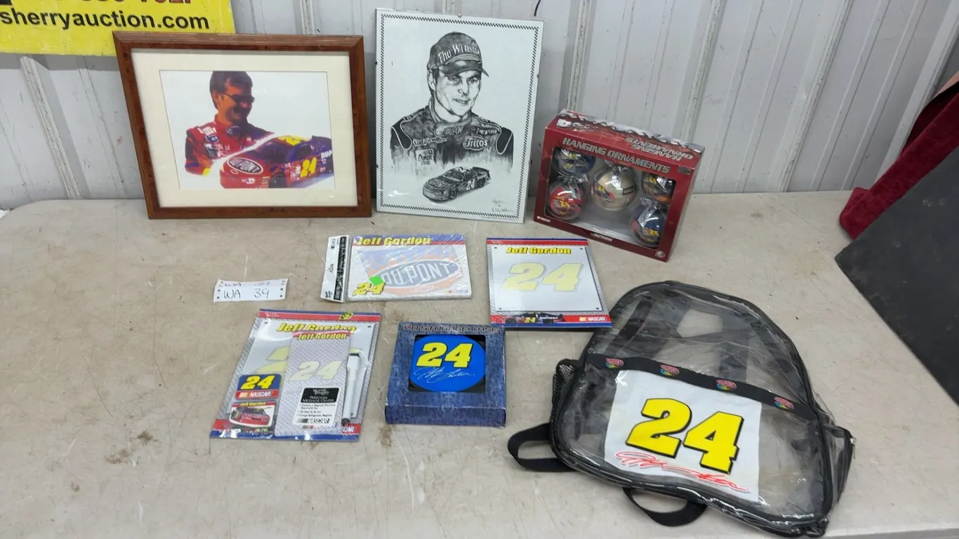 Jeff Gordon Memorabilia Lot: Framed Photo - 15.5” x 12.5”, Framed Sketch -11” x 14”, Backpack, CD