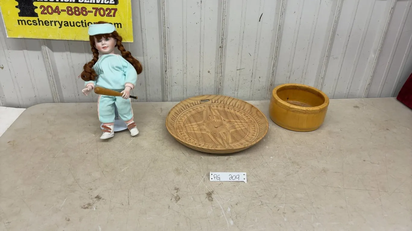 Miscellaneous Lot: Porcelain Doll Samantha, Handmade Bowl and Handmade serving tray