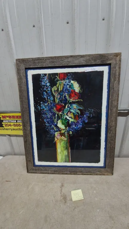 Original Floral Still Life Painting by Saskatchewan Artist S.F. Stephen in Rustic Wood Frame.