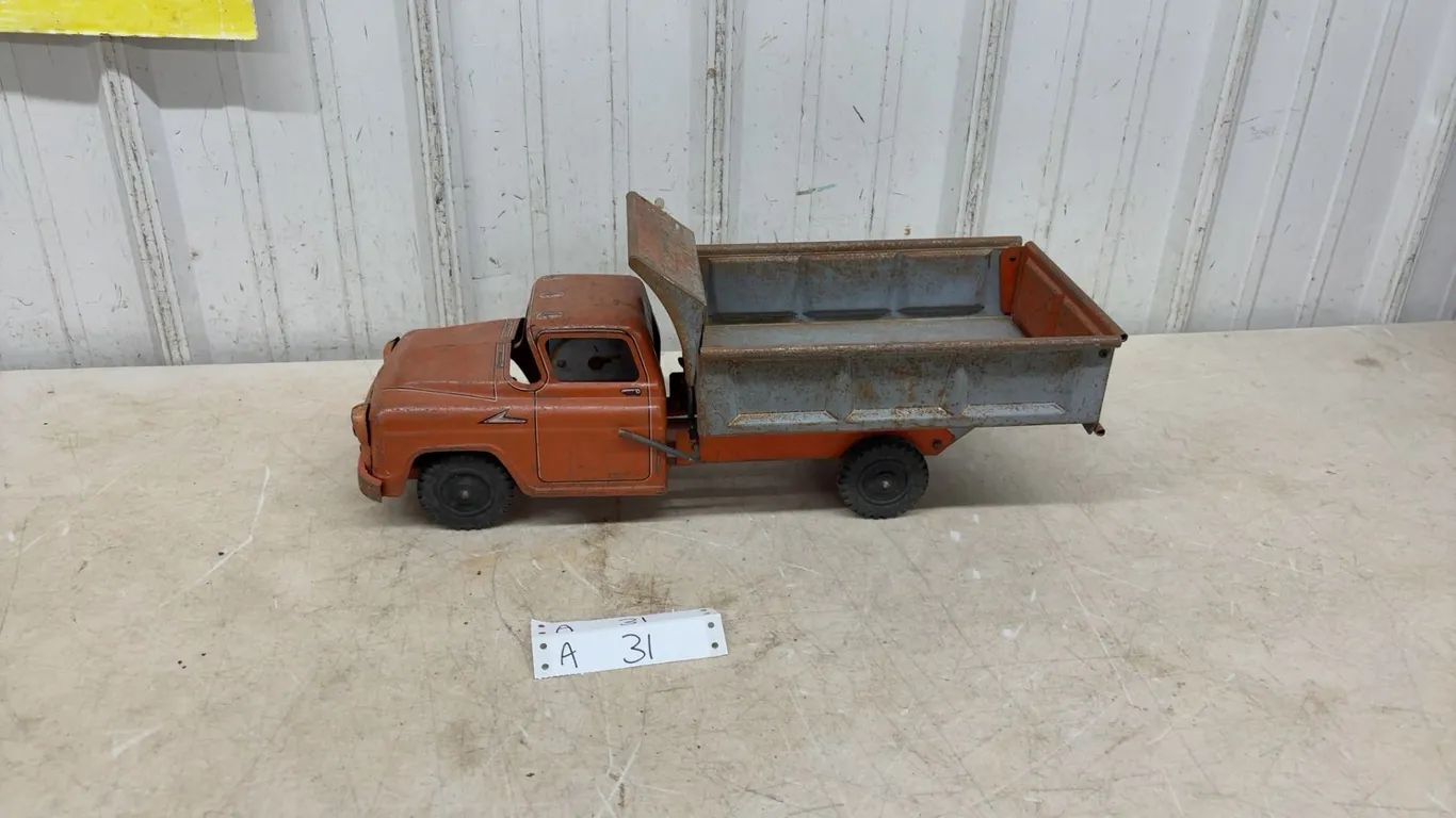Vintage 1950s Structo International Hydraulic Dump Truck, Pressed Steel, Orange and Gray