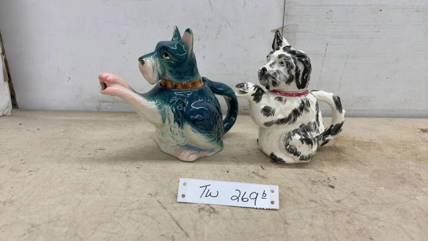 Pair of Vintage Figural Ceramic Dog Teapots, Blue Great Dane and Black and White Scottish Terrier