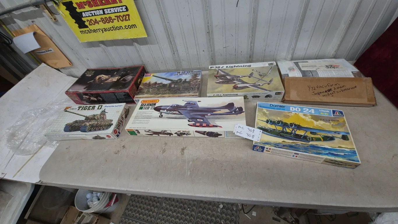 7 Assorted Model Kits: Tamiya Pz.Kpfw. VI Tiger II, Matchbox Sea Venom FAW.22