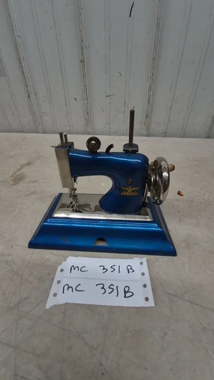 Kaiser Blue Child's Sewing Machine, Hand Crank, Spool Pin