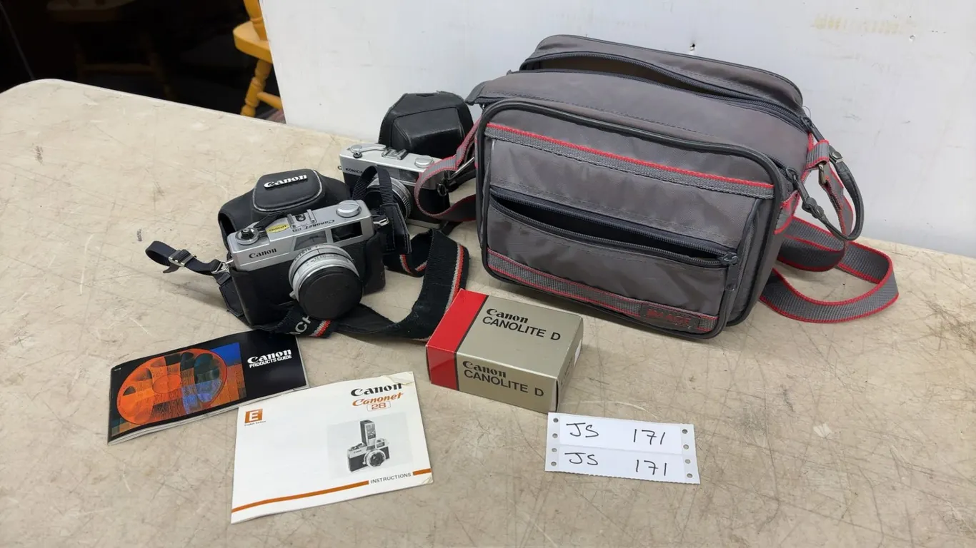 Canon Canonet 28 and Konica C35 Cameras, Canon Canolite D Flash, Manuals, and Bag