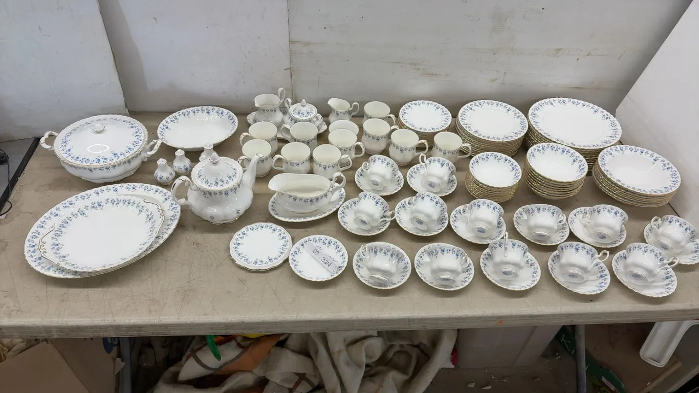 Royal Albert "Memory Lane" Bone China Dinner and Tea Service, 1965, Blue Floral With Gold Trim
