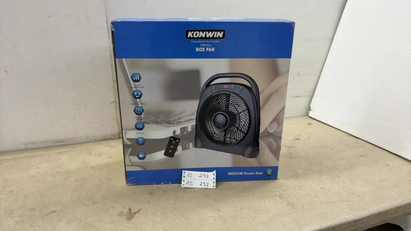 New Konwin Personal Box Fan Model FYT12-BR, 120V 40W, 3 Speeds, Oscillating, Medium Room Size