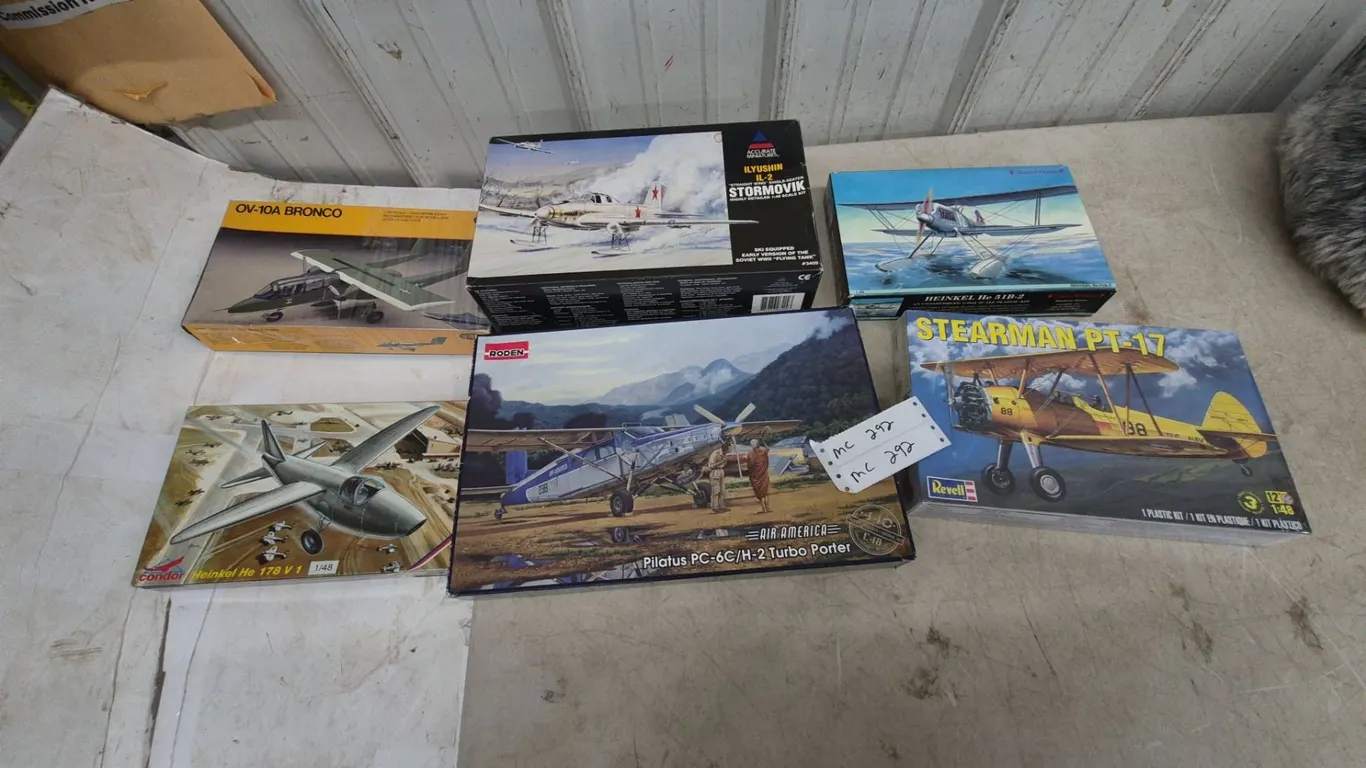 Six Airplane Model Kits: OV-10A Bronco, Heinkel He 178 V 1, Ilyushin IL-2 Stormovik, Heinkel He