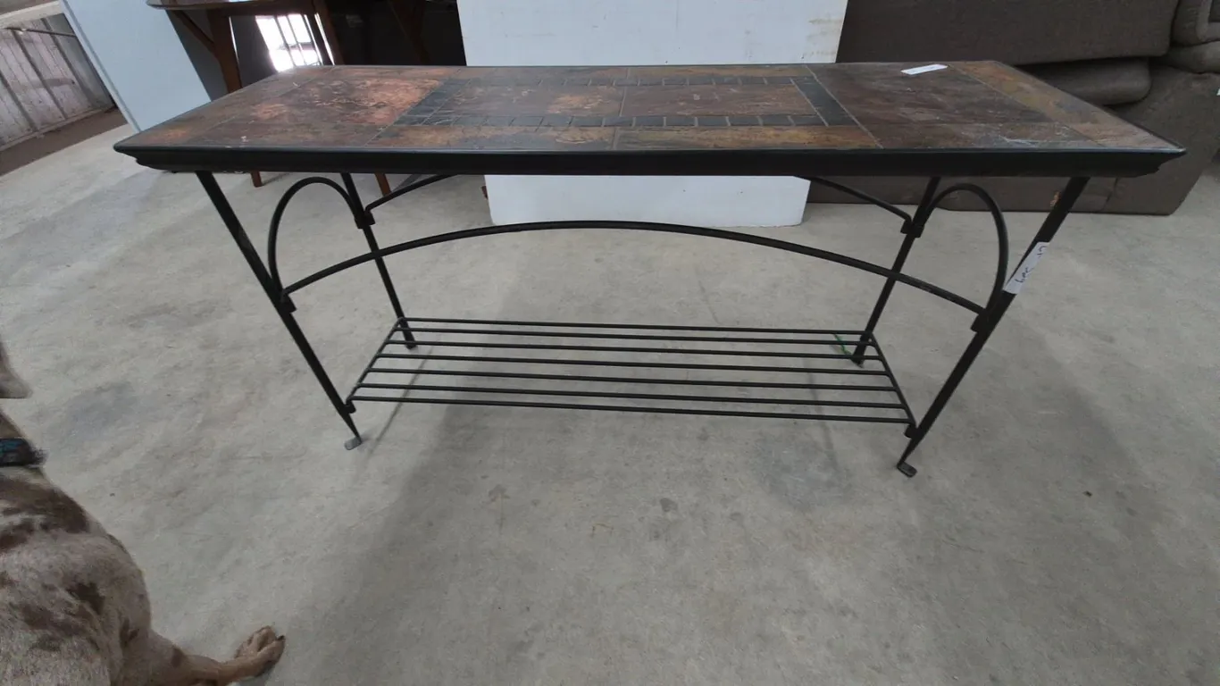 Wrought Iron and Tile Top Console Table with Lower Shelf. 28”×53”× 18”