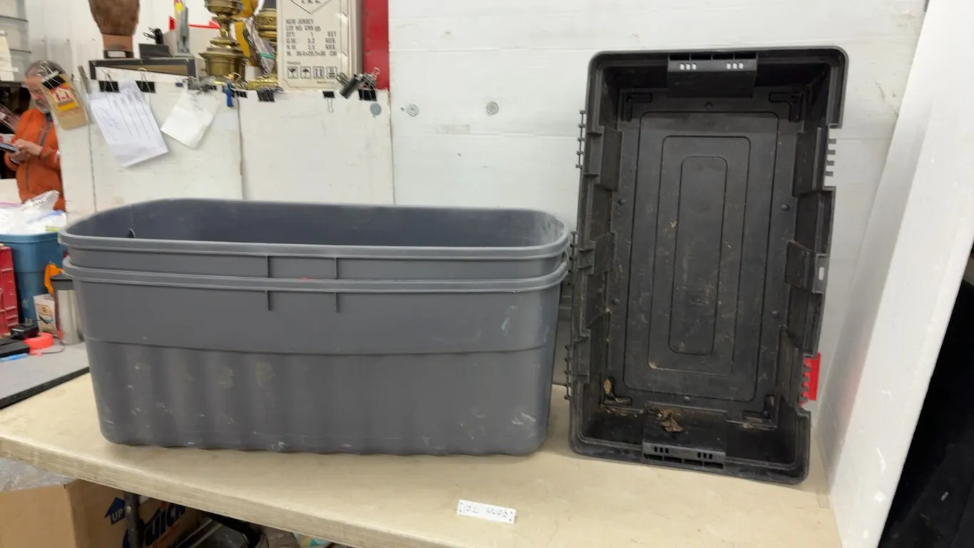 Three Totes, No Lids. 2 Rubbermaid Roughneck Jumbo Storage Tote, 189 Liter