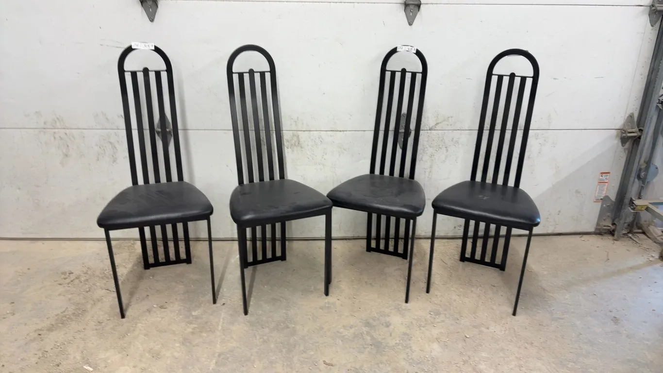 Set of 4 Postmodern Black Metal High-Back Dining Chairs With Upholstered Seats