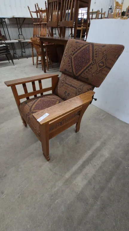 Oak Mission Style Morris Armchair with Adjustable Back and Upholstered Cushions