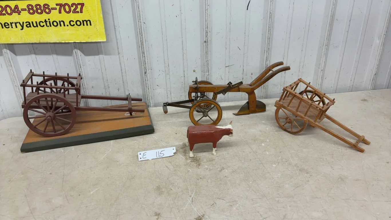 Vintage Wooden Model Farm Carts, Horse-Drawn Plow and Cast Iron Bull Figurine