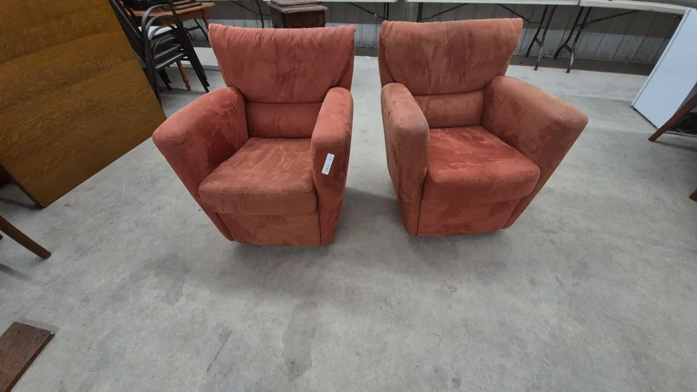 Pair of Burnt Orange Upholstered Swivel Armchairs, Microsuede