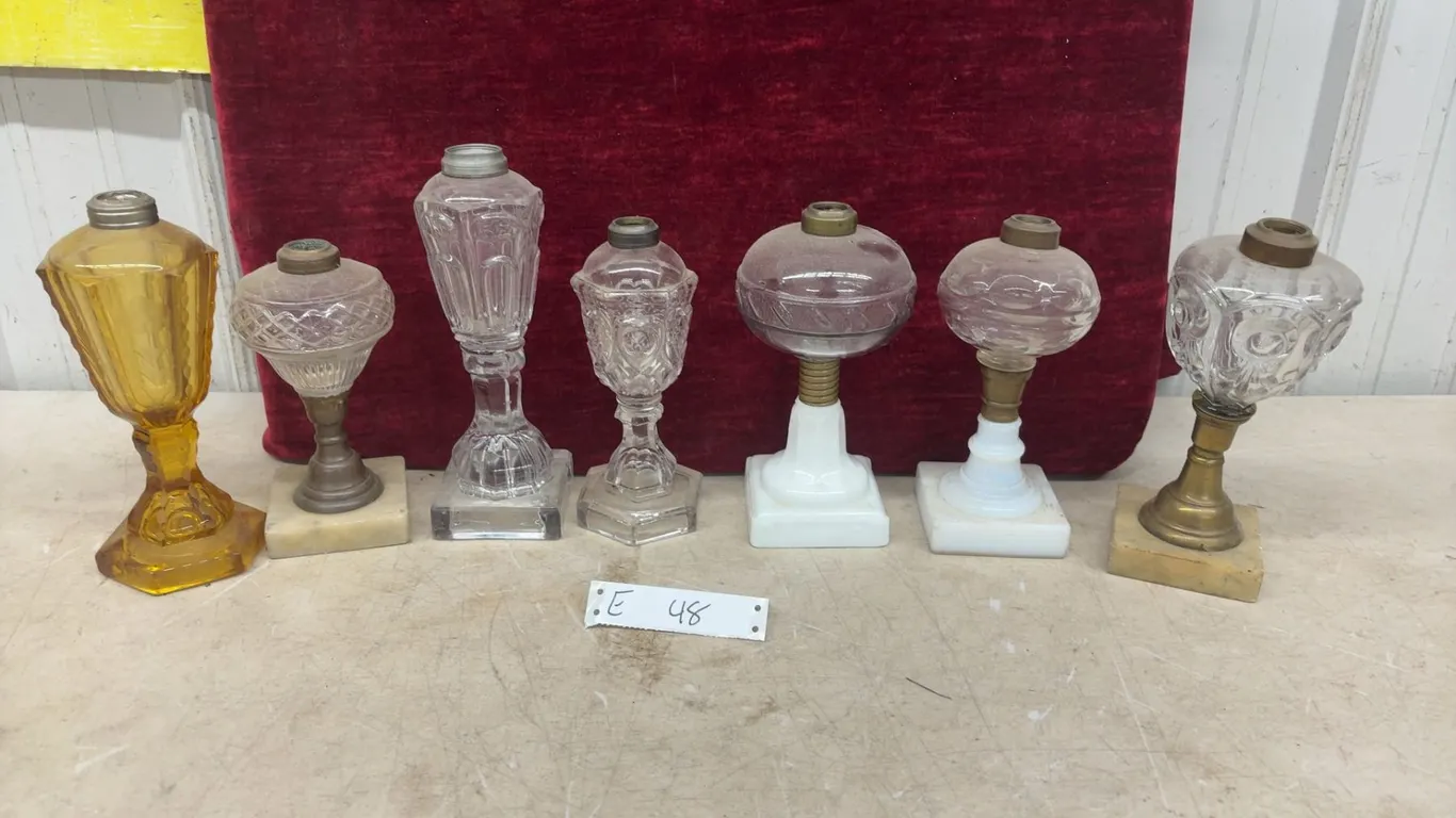 Collection of 7 Antique Pressed Glass Oil Lamps