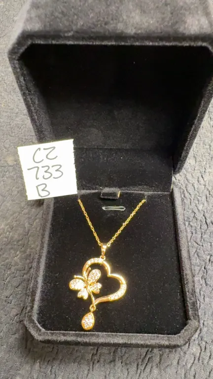 18K Gold Plated 36.0mm Simulated Diamond Heart and Butterfly Necklace, 18” Long