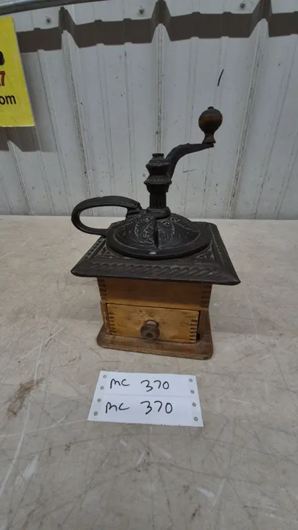Antique Cast Iron and Wood Coffee Grinder with Drawer and Handle