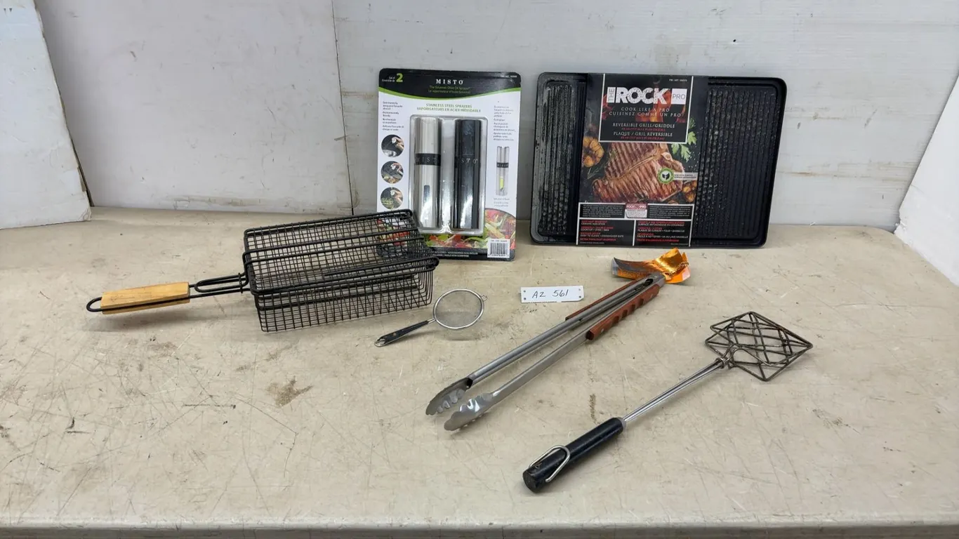 The Rock Pro Reversible Grill/Griddle, Misto Stainless Steel Sprayers 2, and BBQ Tools