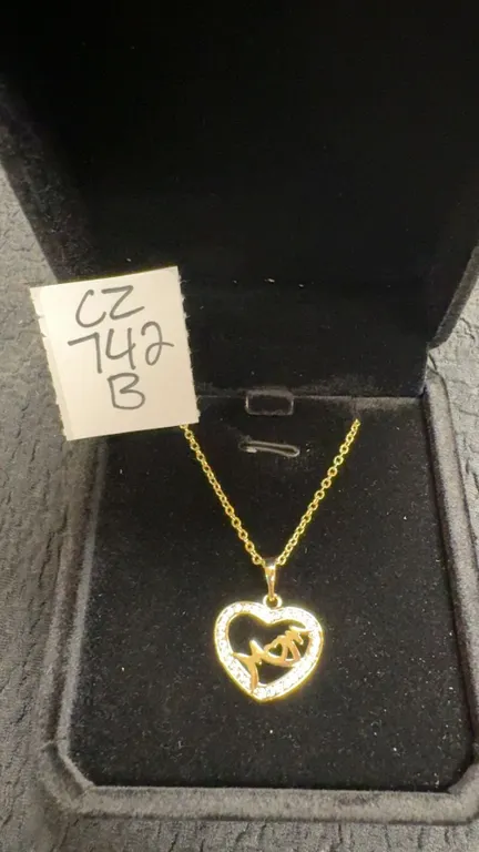 14K Gold Plated 22.0mm Simulated Diamond Mom Heart Necklace, 17 1/2” - 19” Long