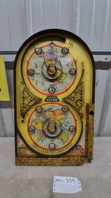 Vintage Lindstrom's Atlas World Map Tin Litho Bagatelle Pinball Game