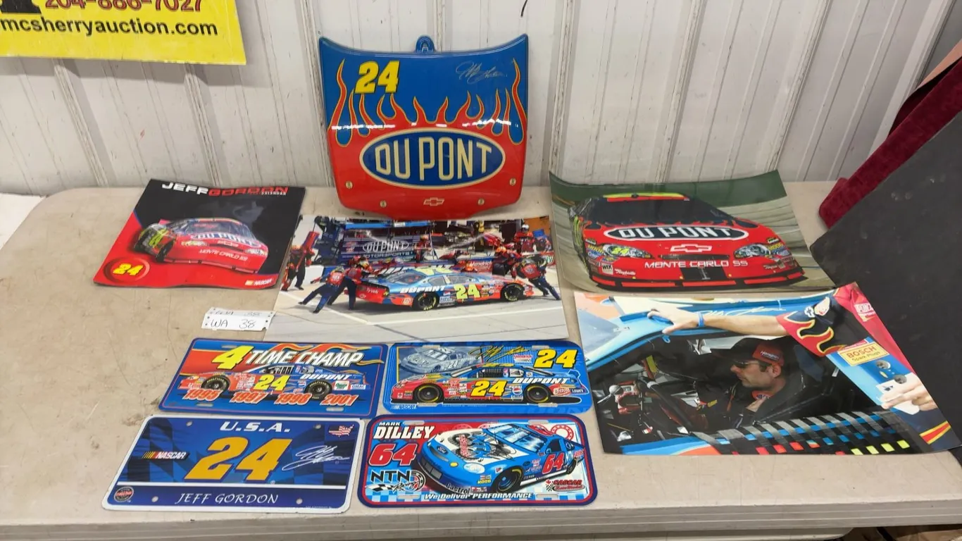 Jeff Gordon Memorabilia Lot: Posters - 19” x 13”, Calendar, License Plates and Plastic Hood Wall