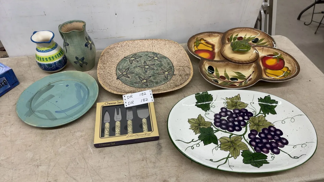 Assorted Pottery and Serveware: La Cuisiniere Designs Cheese Set, Grape Platter