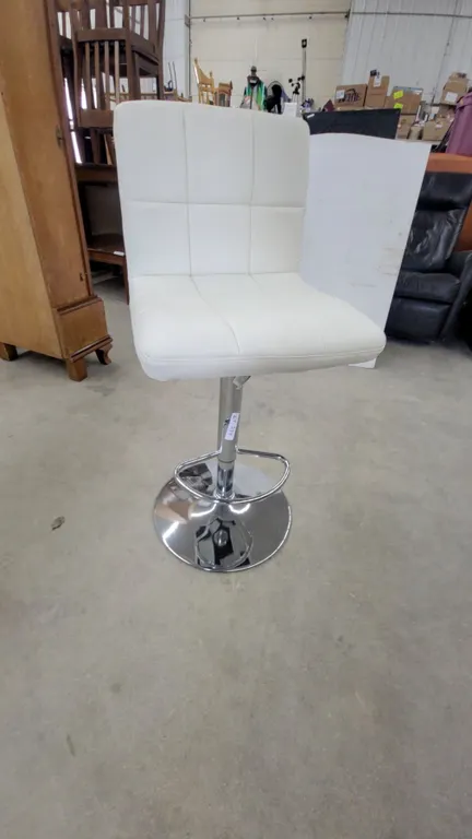 White Tufted Adjustable Bar Stool with Chrome Base and Footrest