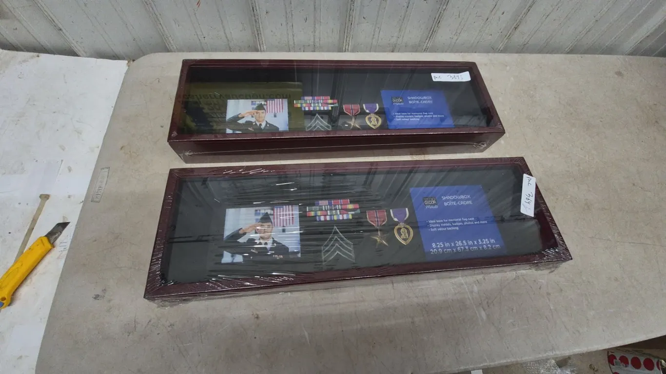 Two new Shadowbox Display Cases with Military Medals, Photos, and Insignia, 8.25” x 26.5” x 3.25
