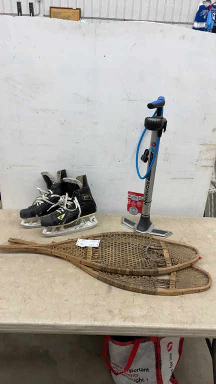 Schwinn Air Center Max Floor Pump, Pair of Ice Skates, and Pair of Snowshoes