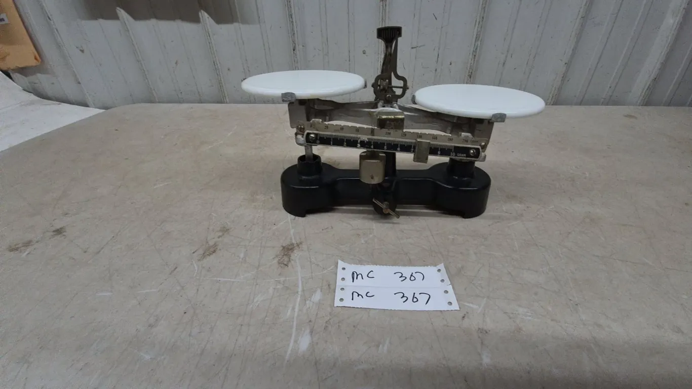 Vintage Ohaus Balance Scale with 2 White Porcelain Pans
