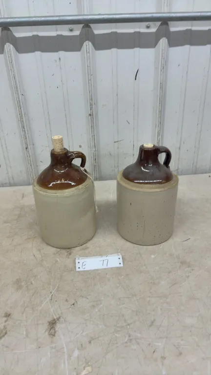 2 two-toned stoneware finger crocks
