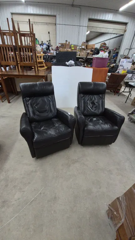 Pair of Black Leather / Leather-Style Swivel Rocker Chairs