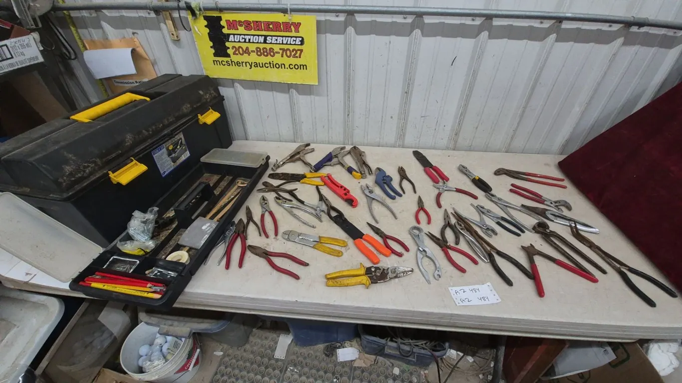 Large Lot of Pliers, Wrenches, Wire Strippers, and Tool Box with Contents