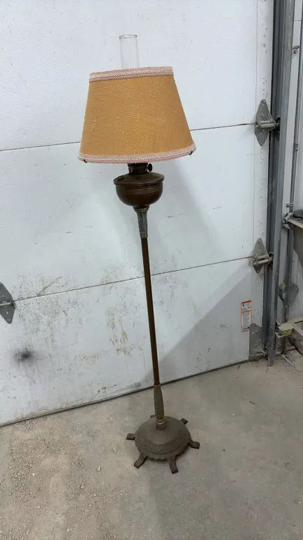 Antique Oil Floor Lamp, Glass Chimney and Burlap Shade