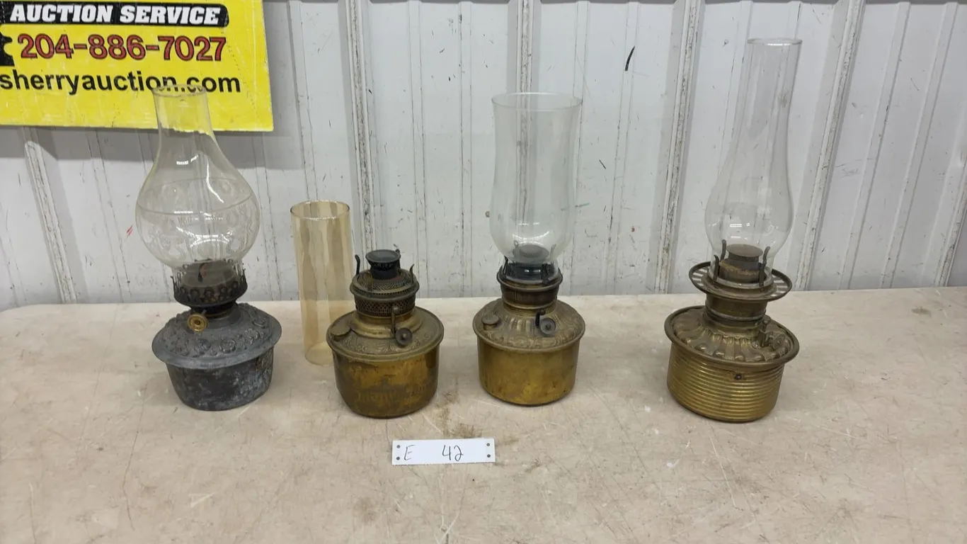 Antique Kerosene Parlor Lamps with Etched Chimneys, Set of 4