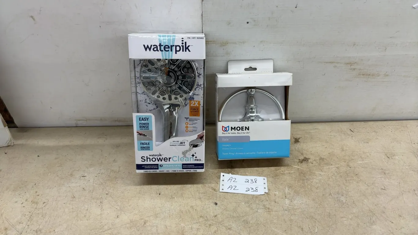 New Waterpik ShowerClean Pro 7-Spray Handheld Showerhead and Moen Vale DN4486CH Chrome Towel Ring