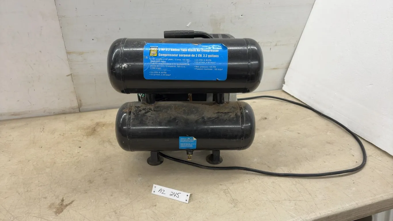 Power Fist 2 Horsepower 3.2 Gallon Twin Stack Air Compressor, Model 8260705, 125 Pounds per Square