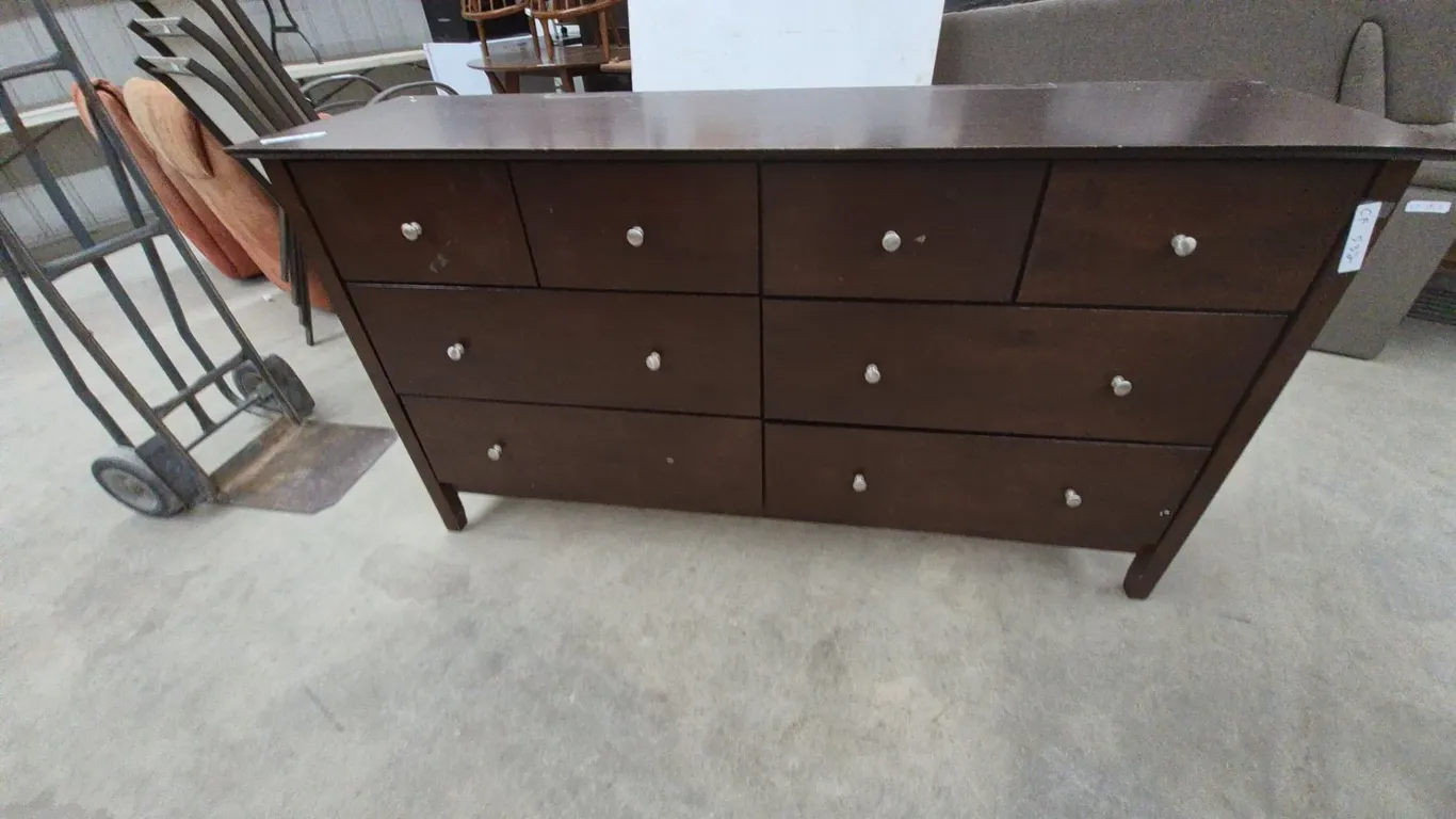 Dark Brown Wood Dresser with 8 Drawers and Metal Knobs. 34”×63”×17.6”