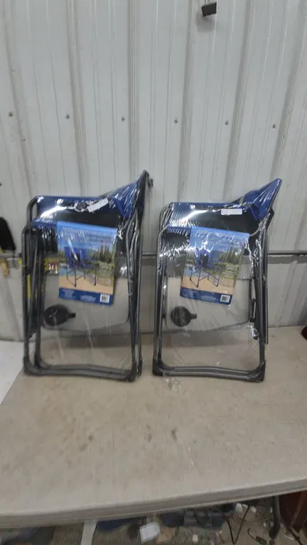 Two Folding Chairs with Side Tables, New in Package