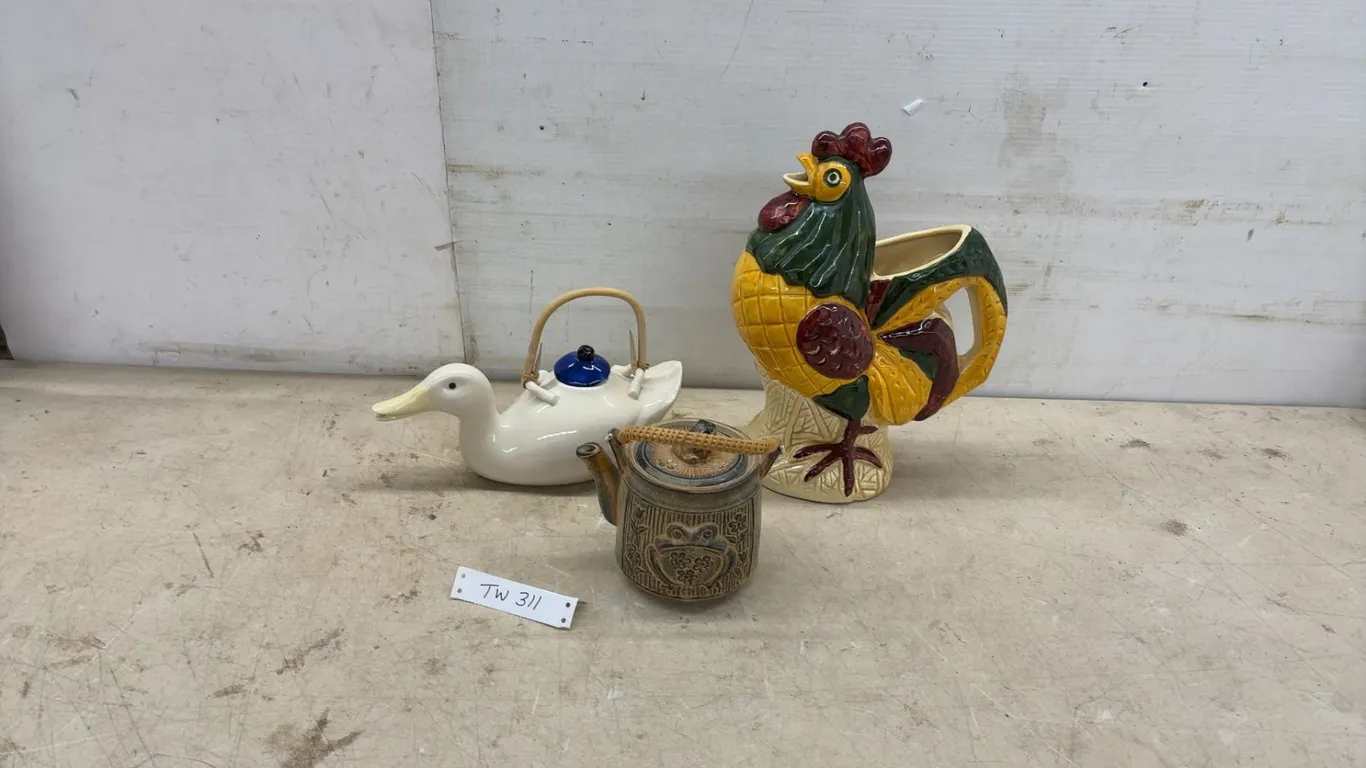 Ceramic Rooster Pitcher, Duck-Shaped Teapot with Bamboo Handle, and Rustic Frog Teapot