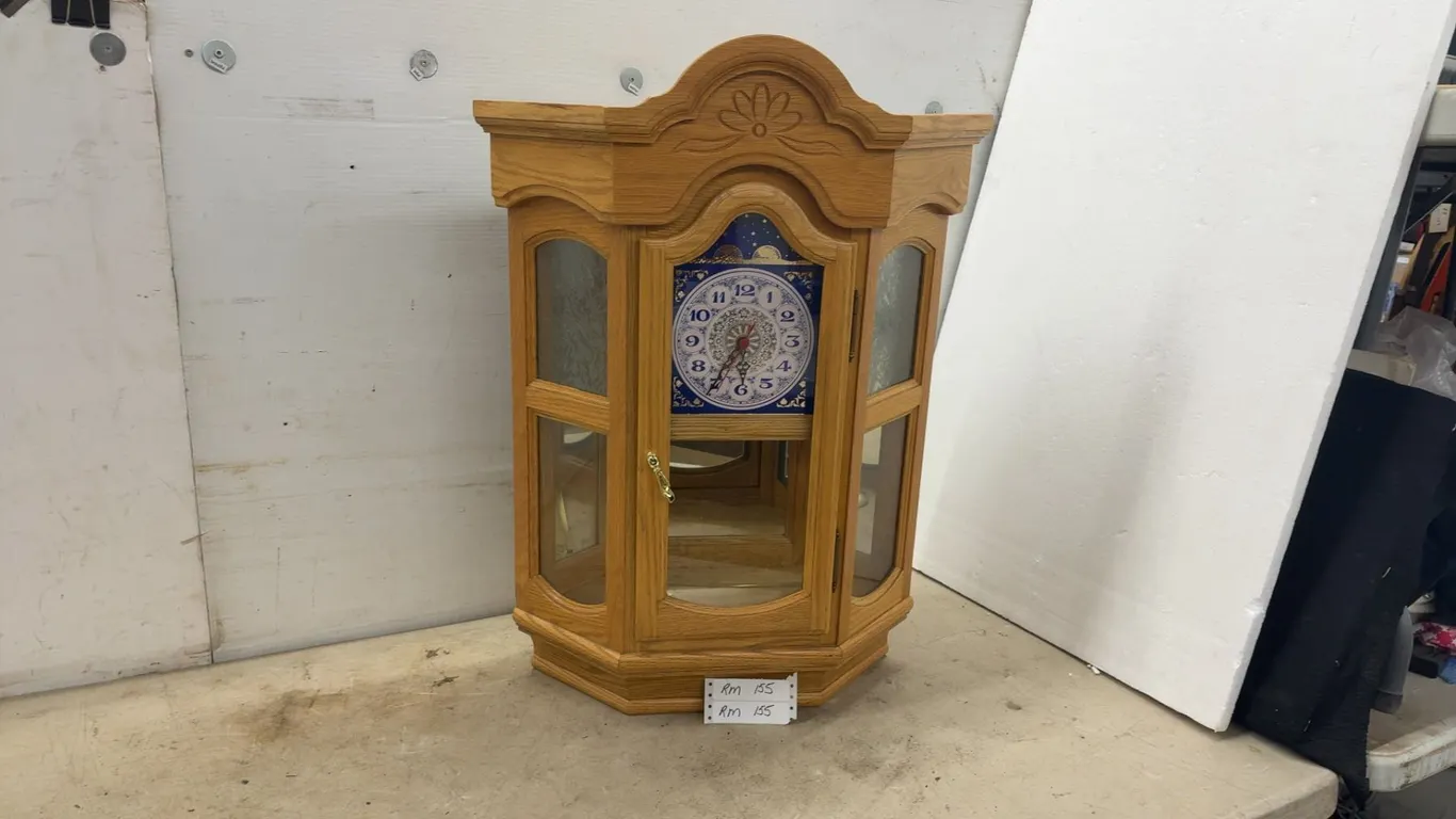 Light Oak Hexagonal Corner Wall Clock with Blue and White Face and Etched Glass Panels